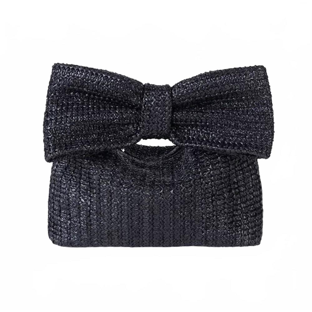 NEW LITTLE TRENDY women's bow straw handbag in black